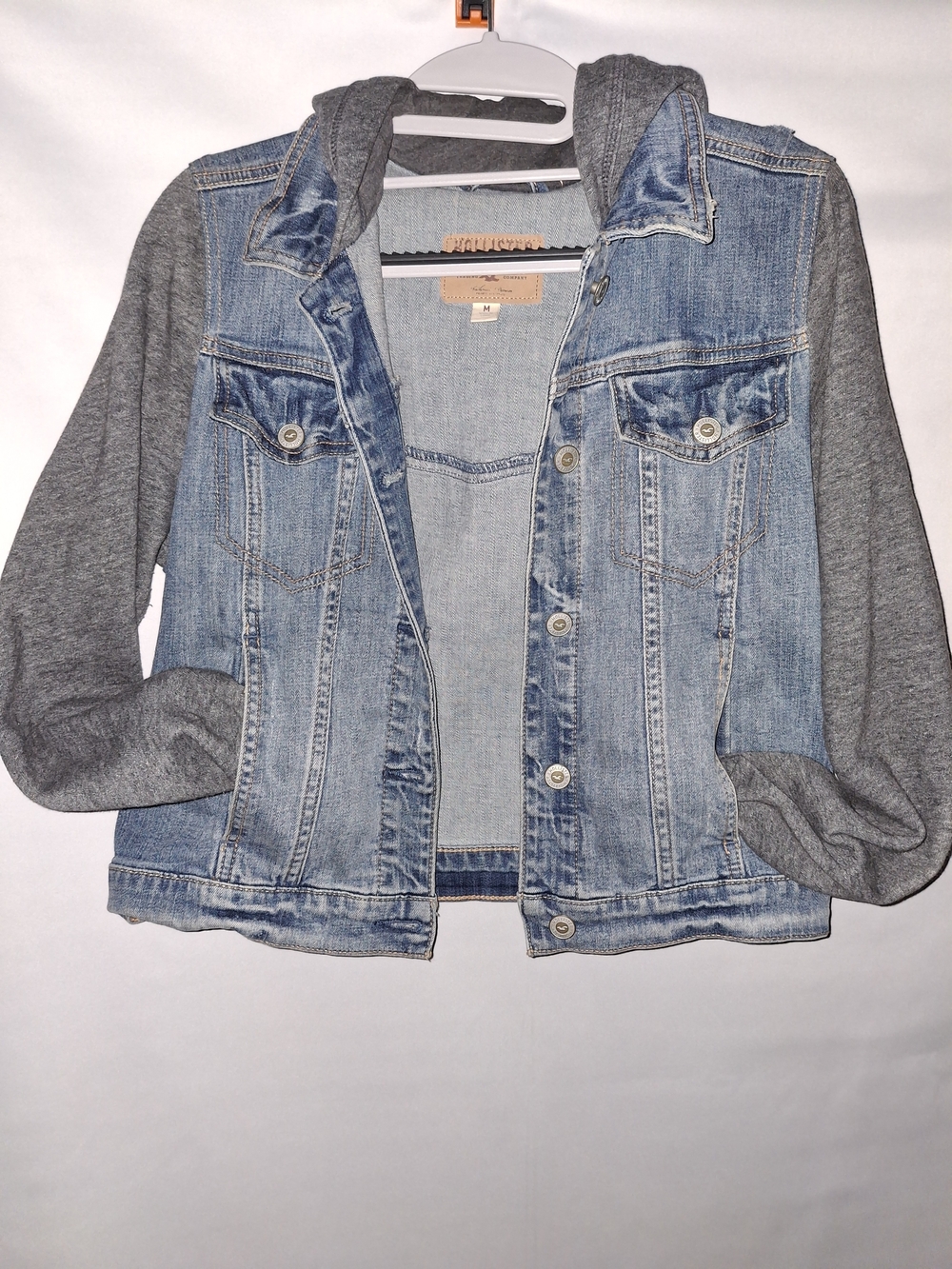 Hollister Blue Denim Jacket with Gray Hood & Sleeves
